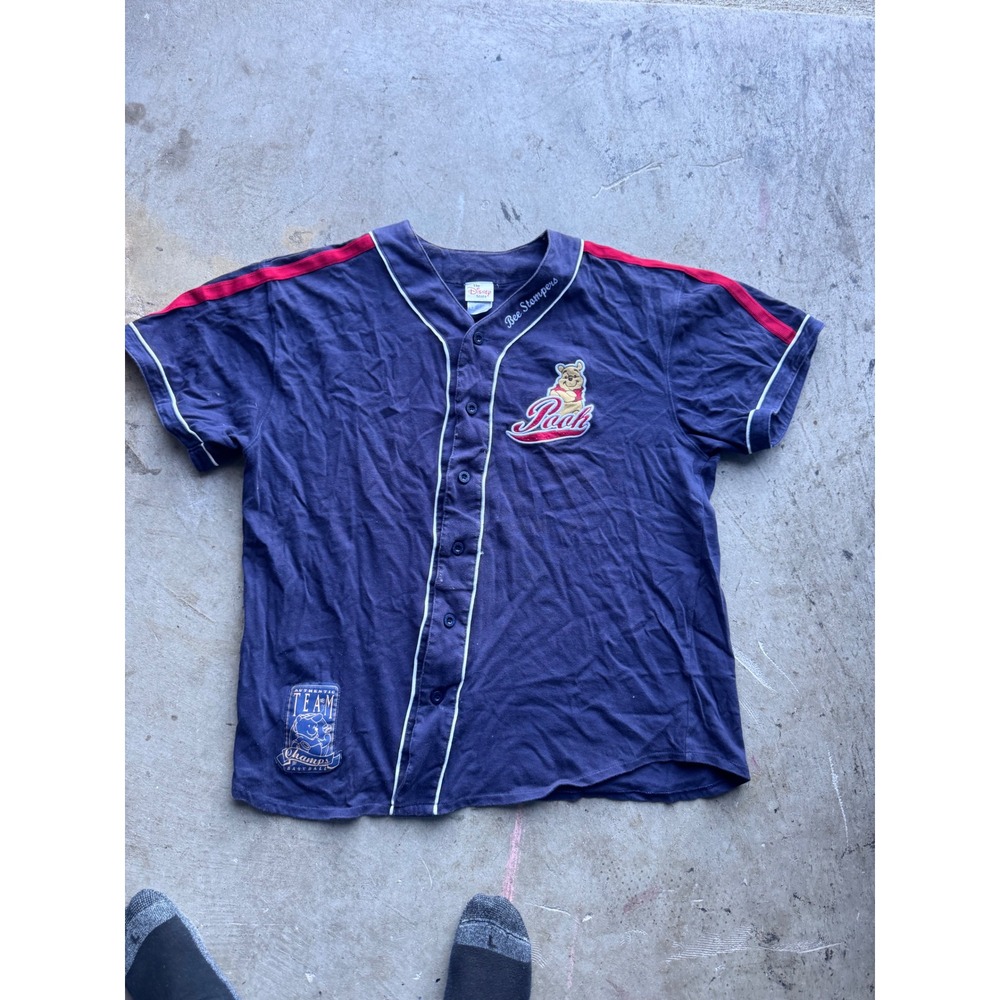 Vintage Disney Store Winnie the Pooh Baseball Jersey Navy Blue Bee Stompers L